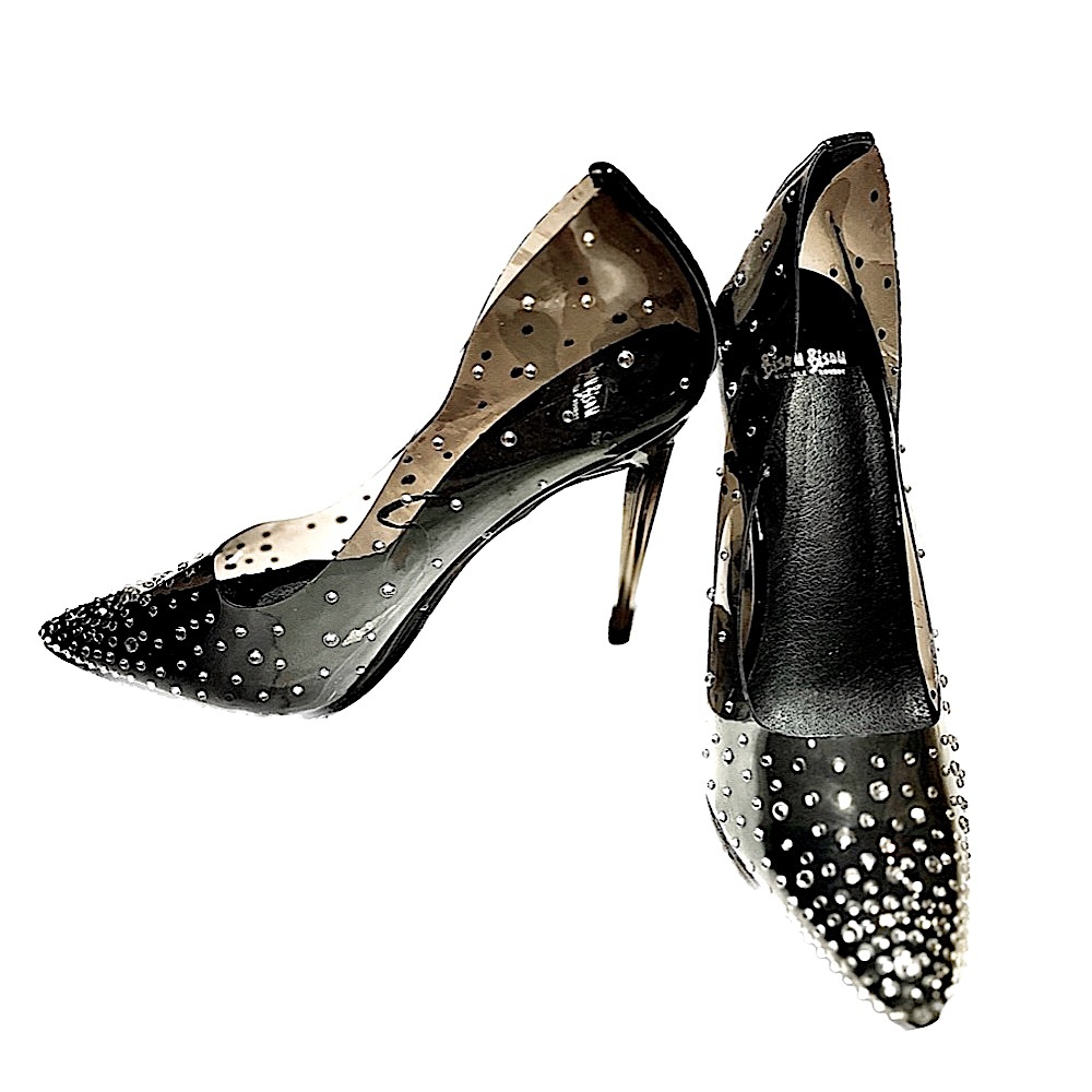 Bisou Bisou Black Studded Zori Transparent Heeled Pumps